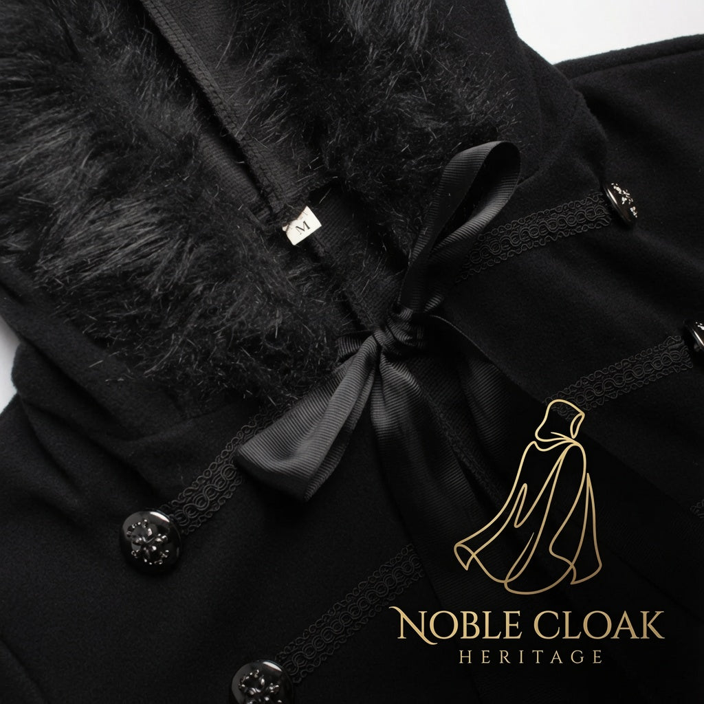 Black Medieval Cloak with Fur Collar | Full-Length LARP Cape for Women & Men