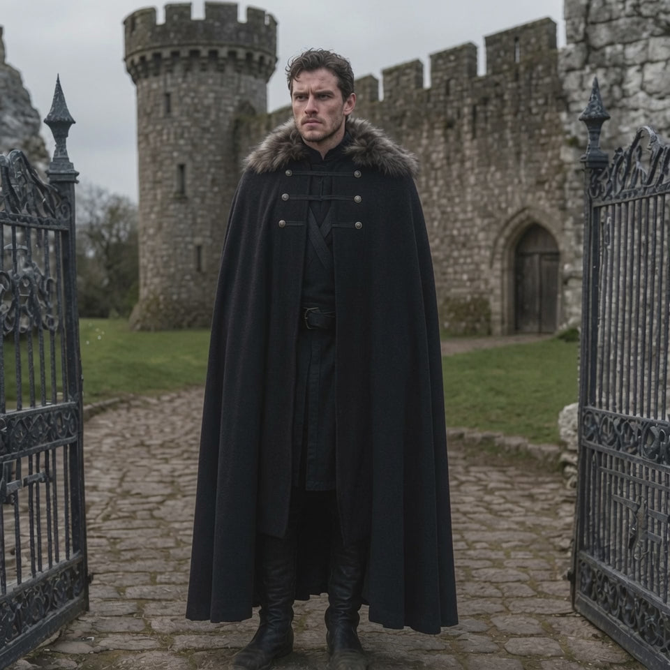 Black Medieval Cloak with Fur Collar | Full-Length LARP Cape for Women & Men